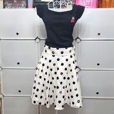 Brand New Minnie Mouse Skirt And Top By Stitch Shoppe By Loungefly Size Medium. Solid Black Top With Embroidered Minnie Hat On Front Chest. Peek A Boo Polka Dot "Monique" Skirt With Mickey And Minnie Icons. Skirt Has Back Zipper And Back Stretch Panel. Side Pockets. Approximately 20 Inches Long. Comes With Collectible Pin. Minnie Icons, Minnie Mouse Outfit, Minnie Mouse Skirt, Mouse Outfit, Minnie Mouse Outfits, Back Stretches, Skirt And Top, Mickey And Minnie, Peek A Boo