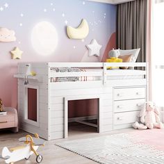 a child's bedroom with pink walls and white furniture, including a loft bed