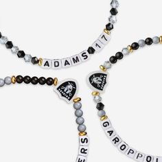 Accessorize and maximize your fandom while impressing your fellow fans with this Jimmy Garoppolo & Davante Adams Las Vegas Raiders 3 Pack Player Friendship Bracelet. These matching friendship bracelets have an all-over team-colored design and team logo displays, which makes them the perfect way to show your support for the Las Vegas Raiders and get in on the latest accessory craze. Every bead bracelet design is the perfect addition to your outfit, whether you’re heading to the game, watching at White Personalized Fan Merchandise Bracelets, Calendar Reminder, Cool Friendship Bracelets, Friendship Bracelets With Beads, Friendship Bracelet, Our Friendship, Beads Bracelet Design, Colored Gems, Friendship Bracelet Patterns