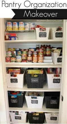 pantry organization with baskets and labels on the shelves