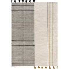 three different rugs with tassels and fringes on the bottom, one in grey