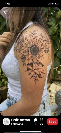 a woman with a sunflower tattoo on her shoulder