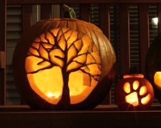 carved pumpkins with paw prints on them sitting on a wooden bench in front of a window