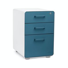 a blue and white filing cabinet with three drawers on each side, against a white background