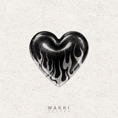 a drawing of a heart with flames coming out of it's center and the words wakk written below