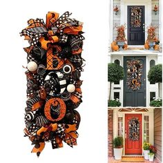 the front door is decorated with orange and black ribbons, wreaths, and decorations