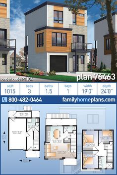 two story house plan with 3 bedroom and 2 bathrooms in the front, an open floor plan