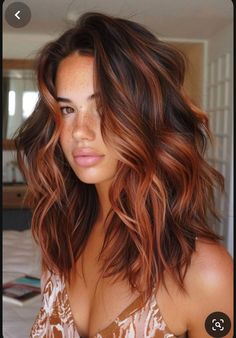 Red Hair On A Brunette, Red To Brown Balayage, Medium Length Haircut With Color, Dark Chocolate With Copper Highlights, Dark Roots With Copper Balayage, Cowboy Copper Hair On Brunette, Brown To Copper Balayage Short, Hair Cuts For Brunette Long Hair, Lowlights On Brunette