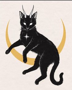 a black cat with horns on it's head sitting in front of a crescent