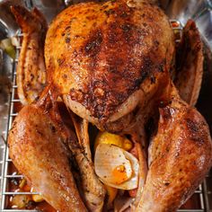 a roasted chicken with onions and carrots on a rack