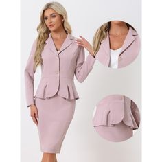 The set features a long-sleeve blazer with a notched lapel design that accentuates the sophisticated look of the suit. The peplum detail on the blazer adds a feminine touch and enhances your curves. It is a must-have choice for your work wardrobe in the new season. The pencil skirt in this set complements the blazer perfectly with its sleek design. It features a high waistline that flatters your figure and creates a professional look. The knee-length cut makes the skirt appropriate for formal an Chic Single-breasted Long Sleeve Sets, Fitted Notch Lapel Office Lady Sets, Classic Long Sleeve Office Sets, Fitted Long Sleeve Sets For Business Casual, Office Lady Long Sleeve Business Casual Sets, Workwear Set With Single Button And Long Sleeves, Business Casual Long Sleeve Sets, Professional Long Sleeve Sets For Business Casual, Long Sleeve Formal Office Sets