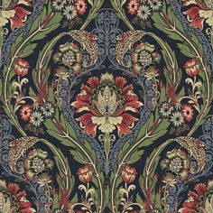 an ornate floral design in blue, red and green colors on a dark background with lots of flowers