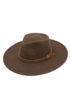 A contrasting band encircles a structured Panama hat crafted from supersoft felt. Textile Imported Adjustable Solid Felt Hat With Flat Brim, Adjustable Brown Fedora Felt Hat, Winter Brown Flat Bill Hat, Adjustable Brown Felt Hat With Flat Bill, Brown Adjustable Curved Brim Felt Hat, Adjustable Brown Felt Hat With Curved Brim, Adjustable Brown Felt Hat, Fur Felt Flat Bill Hat For Fall, Fur Felt Flat Bill Felt Hat For Fall