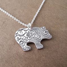 Bear Necklace, Flowered Grizzly Bear, Fine Silver, Sterling Silver Chain, Made To Order Nature-inspired Silver Hand Stamped Jewelry, Silver Metal Clay, Beading Inspiration, Bear Bear, Metal Clay Jewelry, Precious Metal Clay, Bear Necklace, Grizzly Bear, Metal Clay