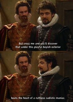 two men dressed in medieval clothing, one with beards and the other with long hair