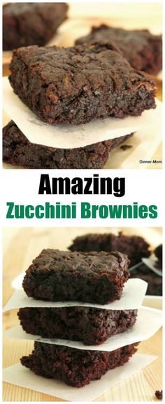 chocolate brownies stacked on top of each other with the words amazing zucchini brownies