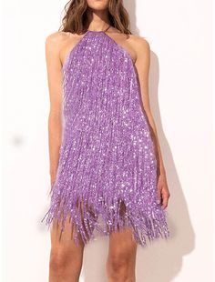 Women's Gold Sequin Dress Fringe Dress Party Dress Sparkly Dress Homecoming Dress Mini Dress Purple Sleeveless Sparkly Glitter Spring Fall Winter Halter Neck Fashion Glamorous Sleeveless Prom Dress, Sleeveless Mini Dress For Night Out, Flirty Sleeveless Mini Dress For Prom Season, Flirty Sleeveless Mini Dress For Prom, Embellished Strapless Summer Party Dress, Sleeveless Sequin Dress For Prom Season Night Out, Sleeveless Sequin Dress For Prom Night, Glamorous Sleeveless Mini Dress For Prom, Sleeveless Sequin Dress For Prom Season