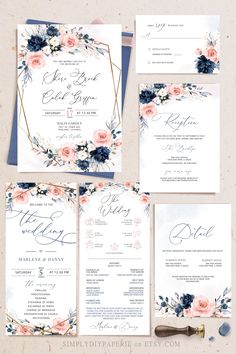 wedding stationery suite with flowers and leaves on the front, navy blue envelopes, pink