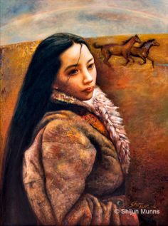 a painting of a woman with long black hair and a horse in the back ground