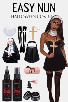 Easy Nun Halloween Costume to put together with a black dress including women in black dress nun outfit, fake blood, and nun costumes Powerful Halloween Costumes, The Nun Costume, Yoga For Couples, Black Dress Halloween Costume Ideas, All Black Costumes, Halloween Casal, Halloween Diy Outfit, All Black Halloween Costume, Nun Halloween Costume