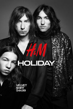 two men standing next to each other in front of a black and white background with the words h m holiday