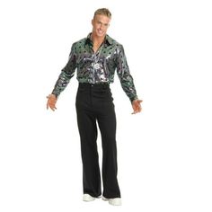 Get groovy this Halloween when wearing the Black Disco Pants Adult. These black disco pants are perfect for a variety of looks. Get dancing with the classic flared bottoms and tight style. Complete your look with a 70's shirt, afro wig, or gold chain. Step out of the 70's this year and order the Black Disco Pants Adult today. Size: 32.  Color: Multicolor.  Gender: male. Black Fitted Disco Pants, Halloween Costume Pants, Flared Bottoms, Disco 70s, Afro Wig, 70s Shirts, Disco Pants, Afro Wigs, Sleepwear Dress