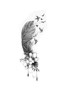 a black and white drawing of a feather with flowers on it's side, flying birds in the background