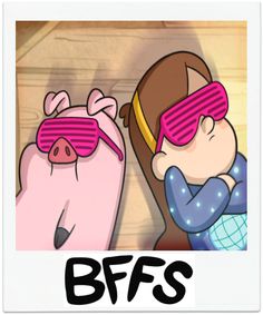 two cartoon characters with pink glasses and the words b f s in front of them