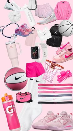 a pink background with many different items on top of it, including shoes, socks and water bottle