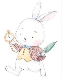 a white rabbit holding an alarm clock and wearing a checkered jacket with a green leaf