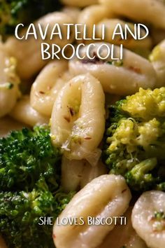 broccoli and shells are mixed together with the words cavatelli and broccoli