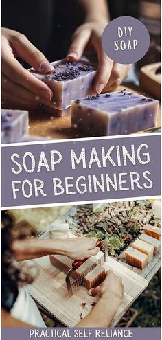 soap making for beginners book cover with hands holding bars of soap on a table