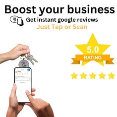 someone holding up a smart phone with the text, get instant google review just tap or scan