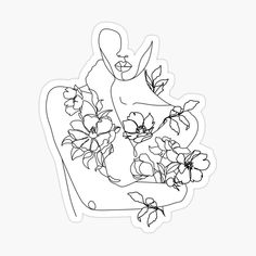 a black and white line drawing of a woman with flowers in her hand sticker