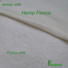 the hemp fleece is labeled in green on top of white sheets and bottom