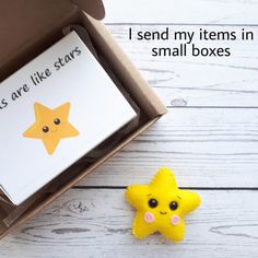 there is a small yellow star next to a notepad in a box with the words, i send my items in small boxes