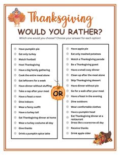 a printable thanksgiving checklist with the words, what would you rather do?