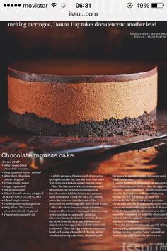 a magazine page with an image of a chocolate cake