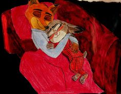 a drawing of a cat hugging a fox on a red chair with another animal in it's lap