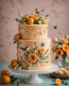 a three tiered cake with oranges and flowers on the top is decorated with birds