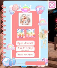 an open journal with the words she they her them in pink and blue on it