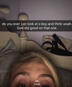 a woman laying on top of a bed next to a white headboard with the caption, do you ever just look at a boy and think wahah? god did good on that one