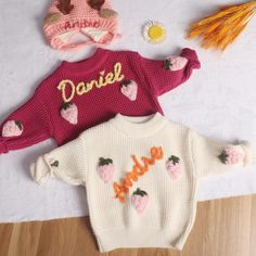 If you would like to add flowers or other patterns, or have other design ideas, please contact us. Pure Snow ❄️ : As pure as the first snow in winter, gently care for baby's delicate skin. Passionate cranberry 🔥 : Bright red, symbolizing the festive season and the vigor of the baby, wear it, the baby is the brightest star in the festival! The carefully woven light strawberry pattern on the sweater is full and vivid, as if emitting the sweet smell of nature. These lovely strawberries not only add fun to the sweater, but also imply that the baby's life is as sweet and colorful as strawberries🍓. Whether it's a Christmas gift🎄, a birthday gift🎁, or an everyday surprise🎉, this cute Christmas Strawberry Baby sweater is the perfect way to express love and care. It will carry your love and wa Cute Pink Sweater With Letter Print, Cute Pink Letter Print Sweater, Customizable Long Sleeve Sweater For Gift, Cute Crew Neck Birthday Sweater, Cute Crew Neck Sweater For Birthday, Cute Sweater For Birthday In Winter, Personalized Pink Crew Neck Sweater, Cute Long Sleeve Sweater For Gift, Personalized Pink Sweater For Winter