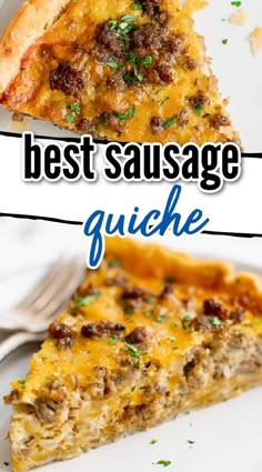 two slices of sausage quiche on white plates with text overlay that reads best sausage quiche