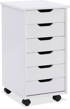 a white cabinet with five drawers and four black handles on wheels, against a white background