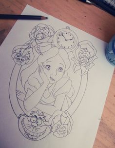 a drawing of a girl with many faces on her face and an alarm clock in the background