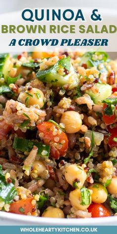 quinoa and brown rice salad in a white bowl with text overlay that reads,