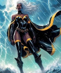 a woman dressed in black and yellow standing on top of the ocean with lightning behind her