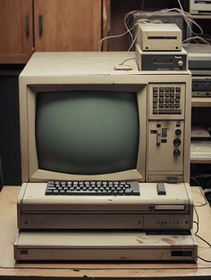 an old computer sitting on top of a wooden table