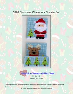 cross stitch christmas characters coaster set with santa claus and reindeer on blue background, for use as wall hanging or table decoration